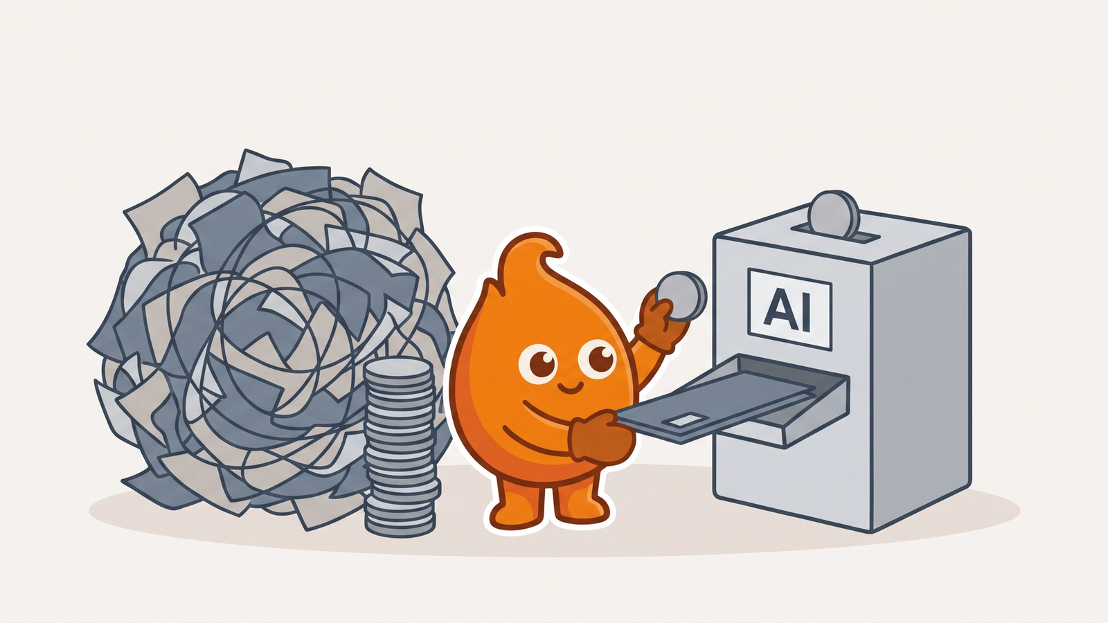 The character feeds a slim folder into a coin-slot AI reading machine while a tangled paper ball needs a tall stack of coins instead