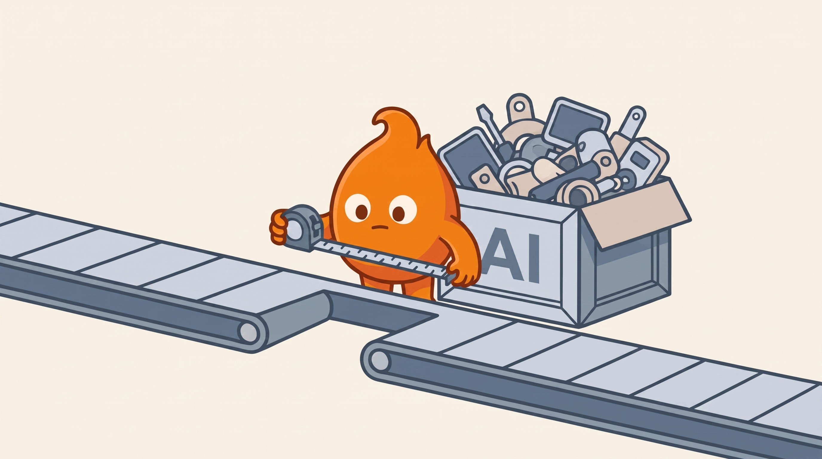 A character measures the gap in a conveyor line with a tape measure before choosing a part from an overflowing AI parts crate, checking the actual need before reaching for the tool.