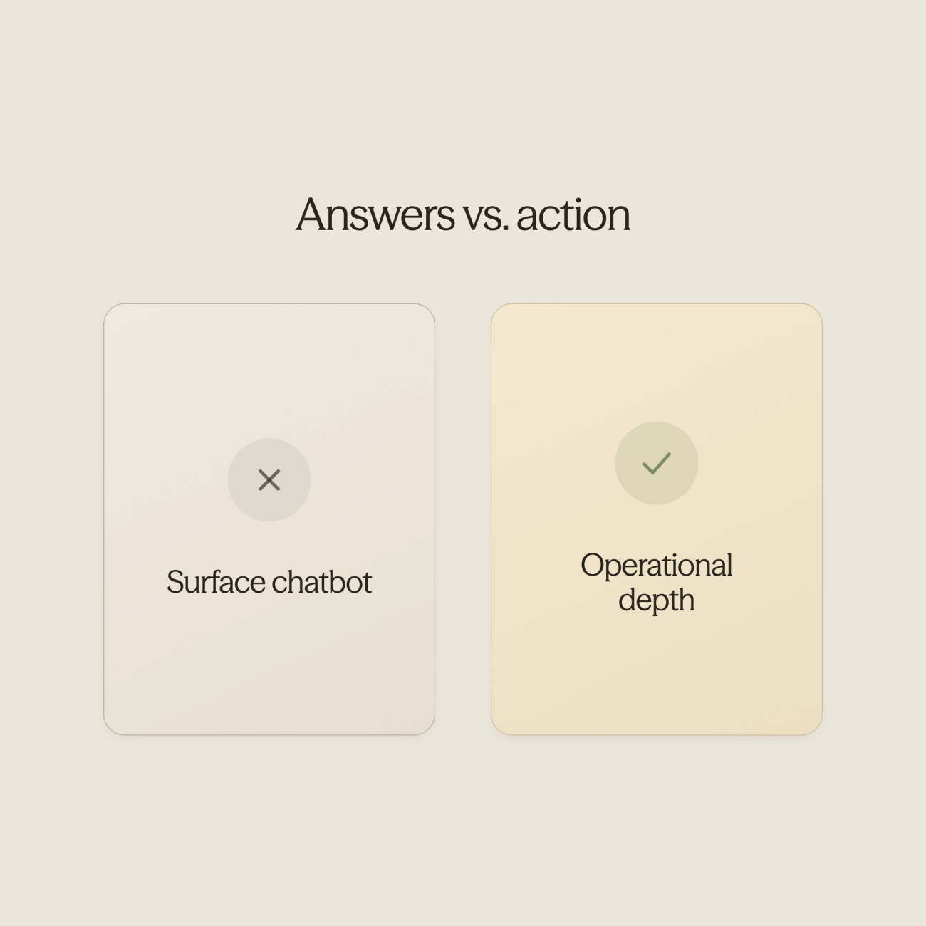 Split scene showing surface chatbot solutions versus deep operational challenges