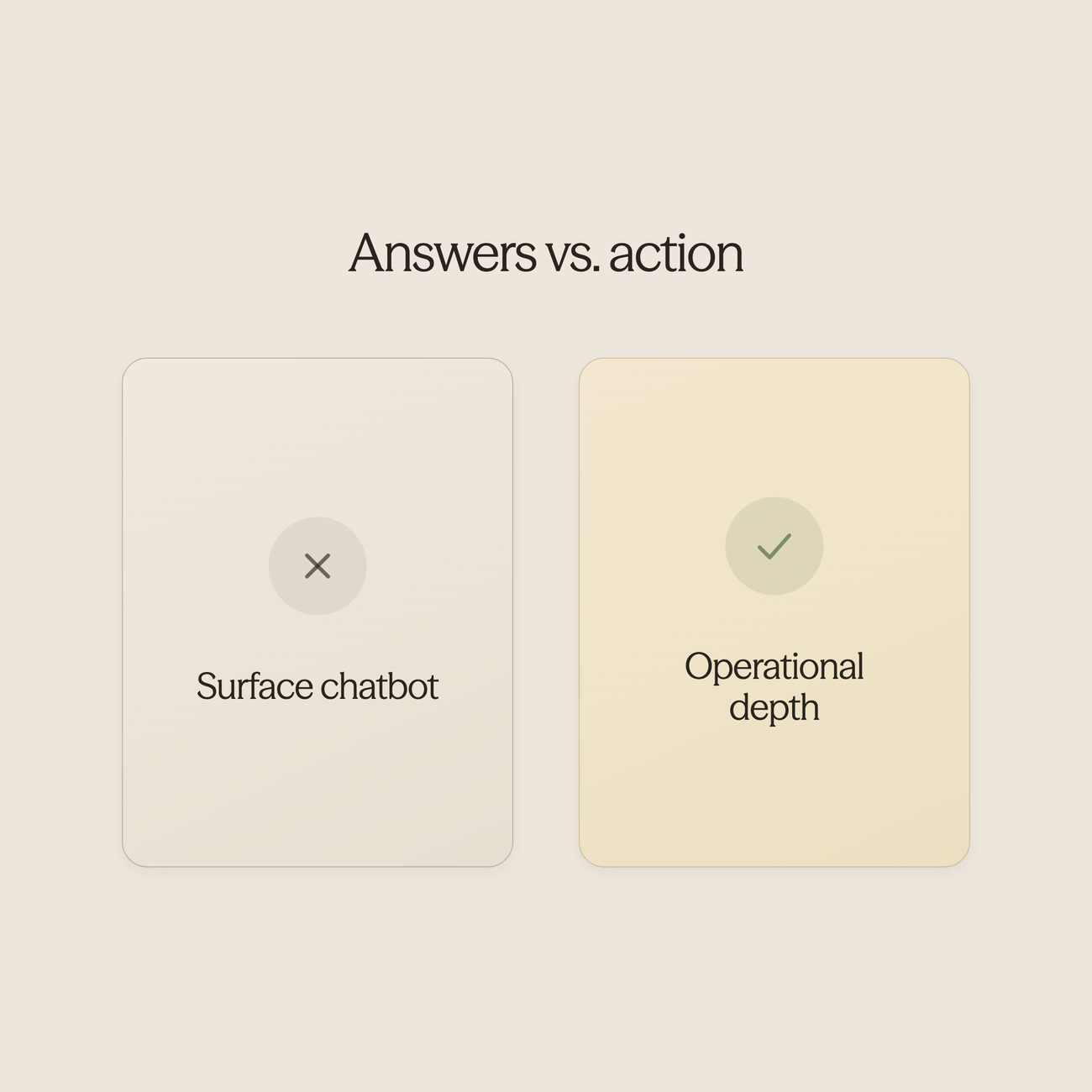 Split scene showing surface chatbot solutions versus deep operational challenges