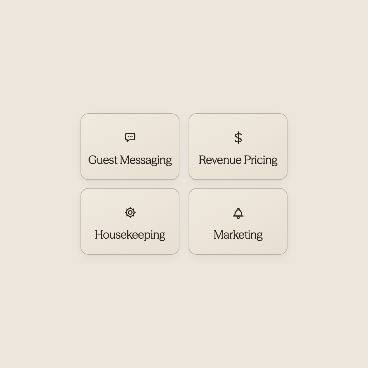 Four icons representing hotel automation areas: guest messaging, pricing, housekeeping, and marketing