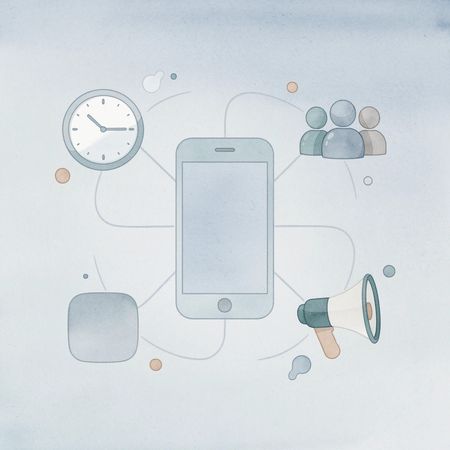 Central eye icon surrounded by phone, clock, audience, and megaphone icons representing the impossible simultaneous demands of manual upselling