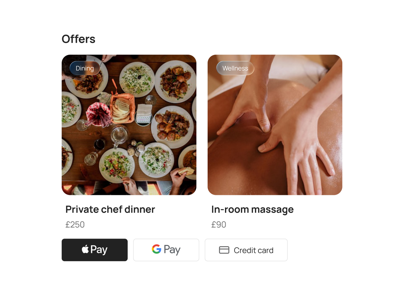 Guest portal offers with Apple Pay, Google Pay, and card payment options