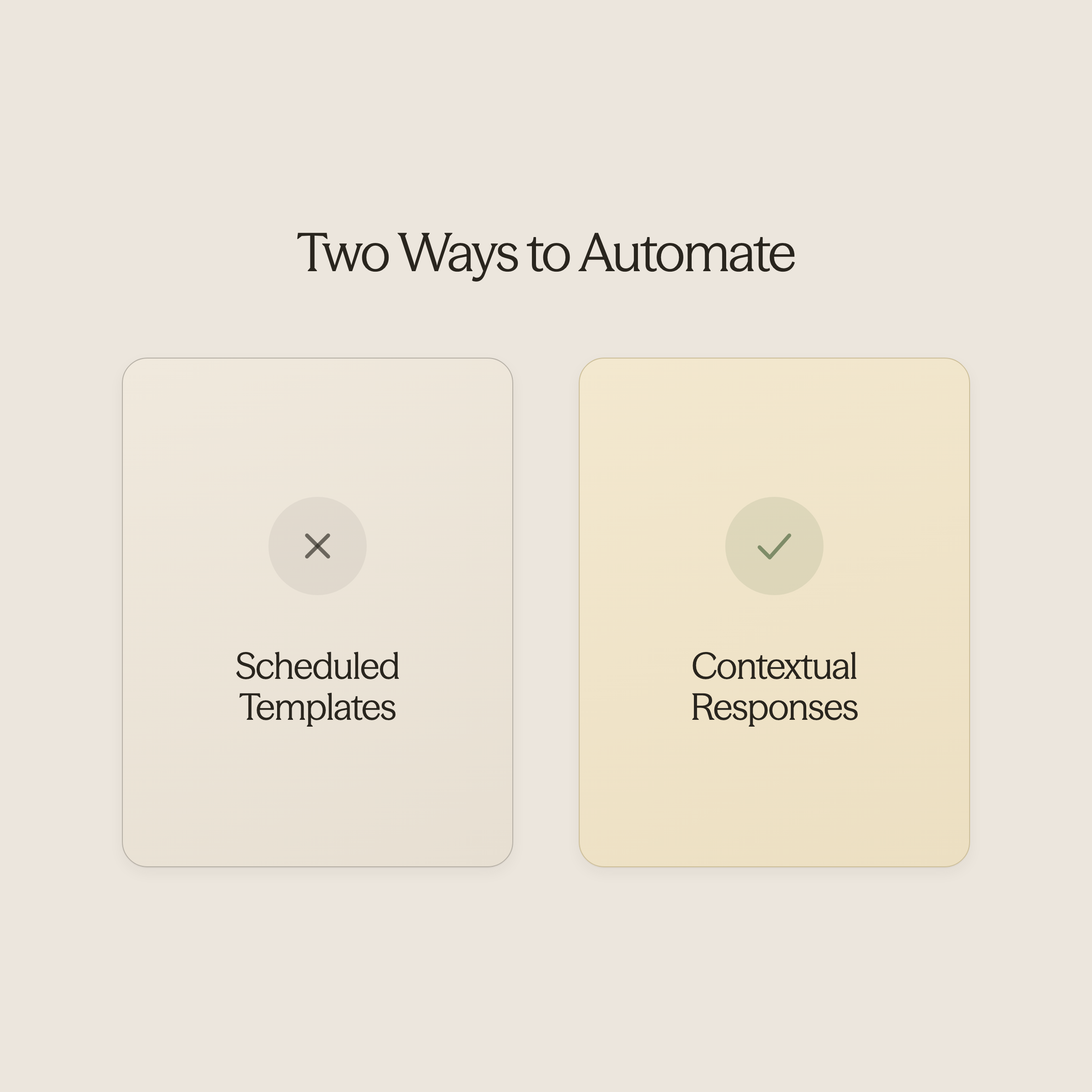 Split scene showing robotic scheduled messaging versus contextual communication approaches