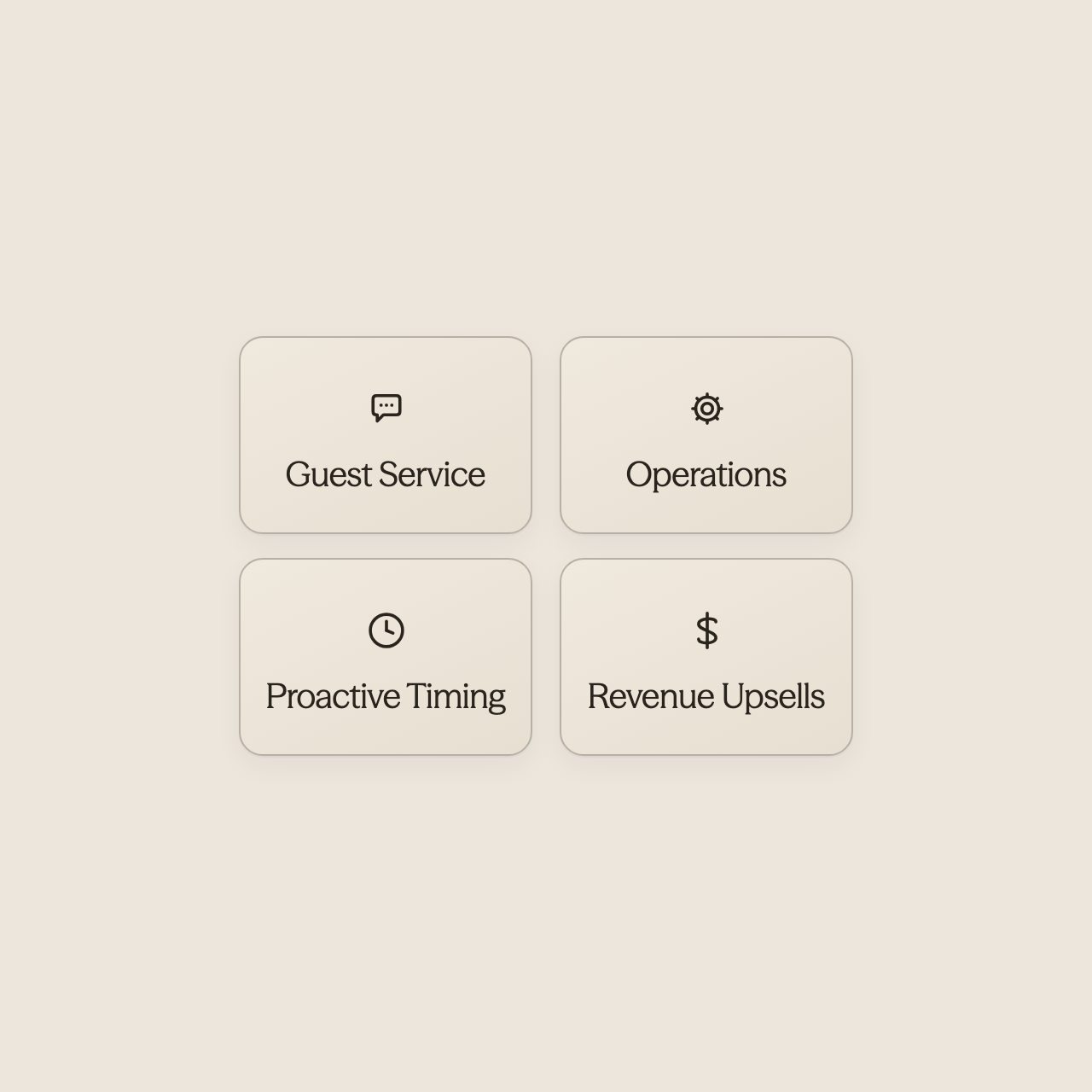Four icons representing core chatbot functions: service, operations, timing, and revenue