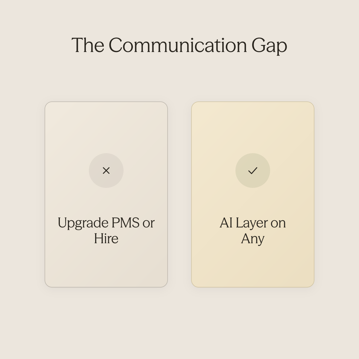 Split comparison showing the false binary of switching PMS versus adding an AI guest communication layer