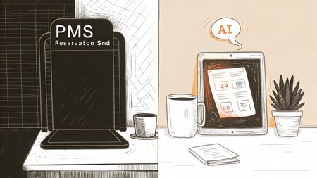 Hotel PMS reservation screen sits silent beside an AI agent actively answering a guest inquiry