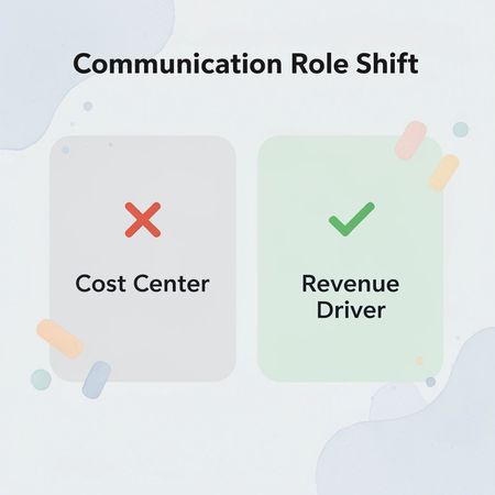 Before and after infographic showing guest communication shifting from cost center to revenue driver