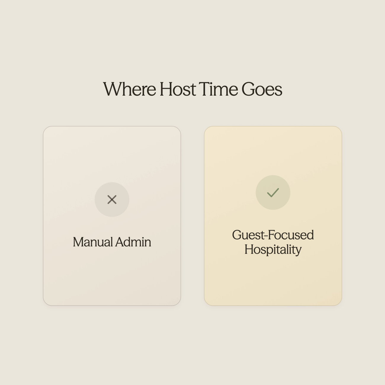 Split scene showing contrast between manual administrative work and guest-focused hospitality
