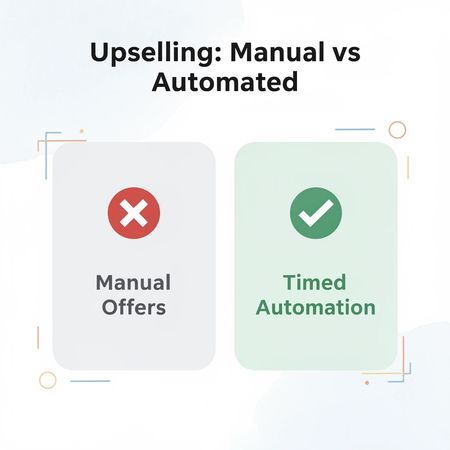 Before and after infographic comparing manual hotel upselling to automated upselling