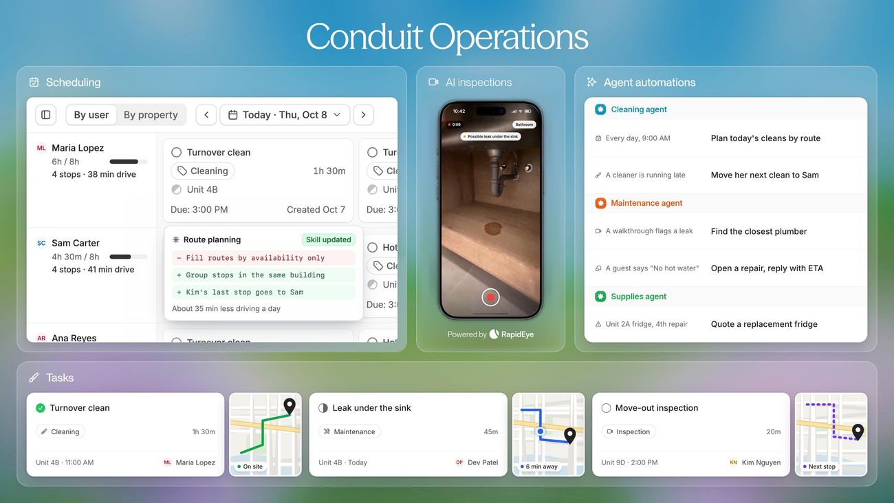 Conduit Operations: the schedule with a route planning skill, an AI inspection walkthrough powered by RapidEye flagging a leak, cleaning, maintenance and inspection tasks with live routes, and cleaning, maintenance and supplies agents