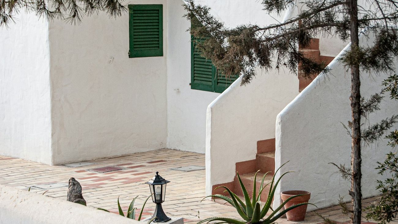 A whitewashed villa courtyard with terracotta steps, brick paving and an aloe in a clay pot
