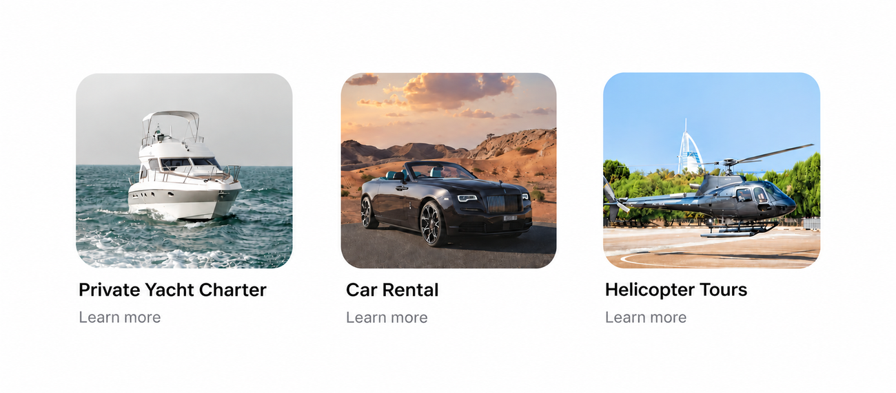Offer cards adapted from a customer portal: Private Yacht Charter, Car Rental, and Helicopter Tours