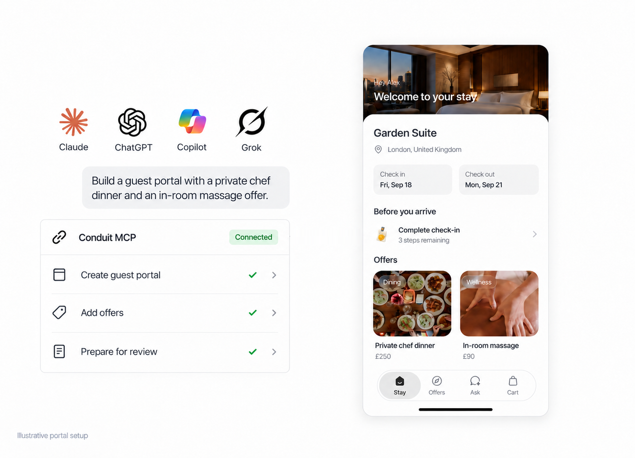 AI assistant apps beside Conduit MCP portal tools and a guest portal preview