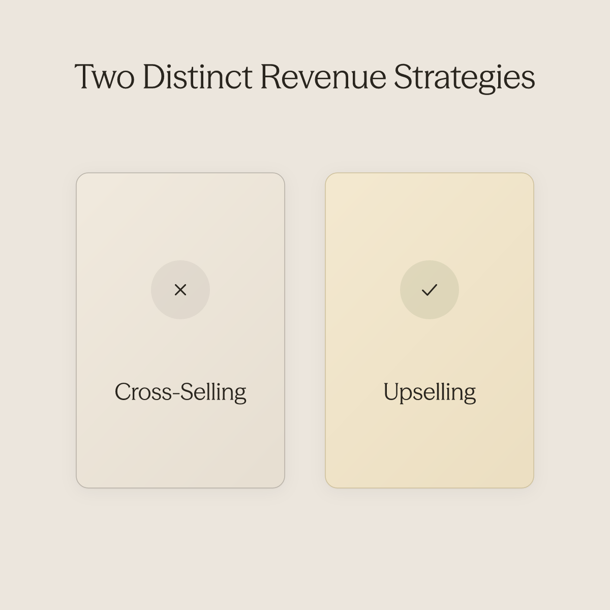 Side-by-side comparison of cross-selling as the lesser strategy versus upselling as the sharper revenue approach