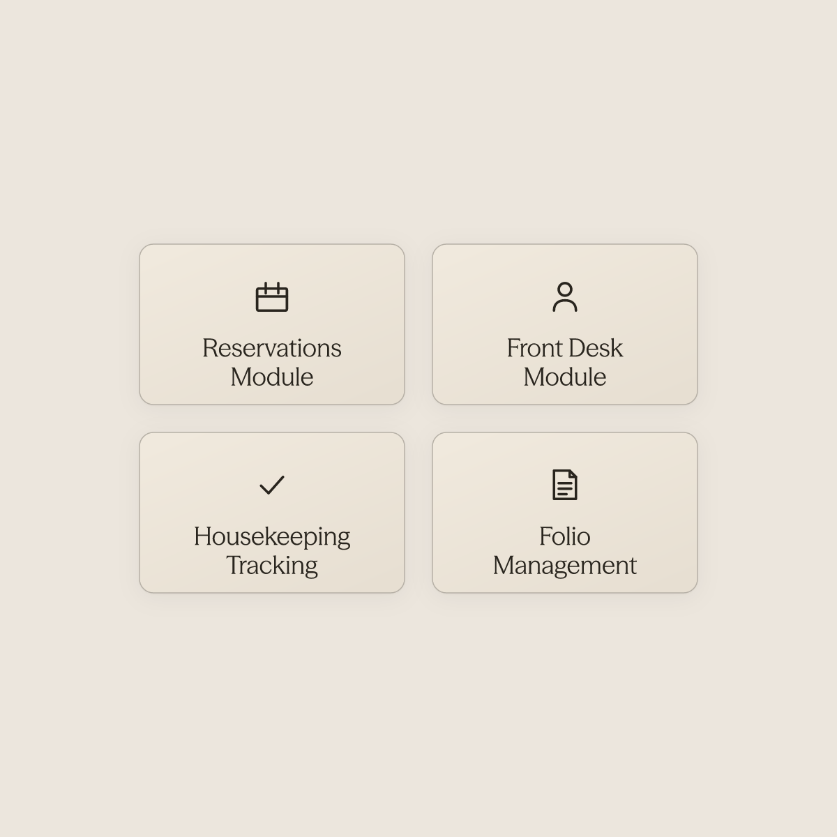 Four core modules of a hotel property management system shown as feature cards
