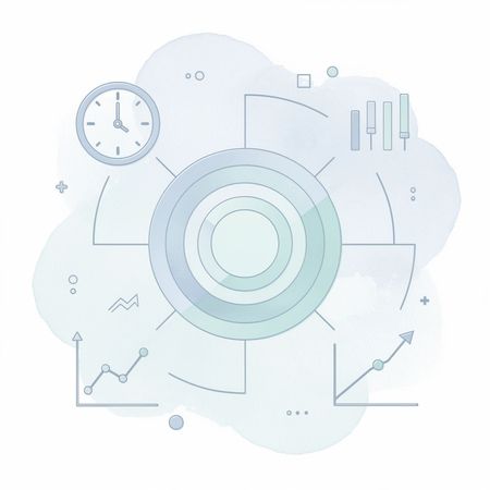 Icon hub showing upselling system with timing, channel, targeting, and outcomes connected to a central gear