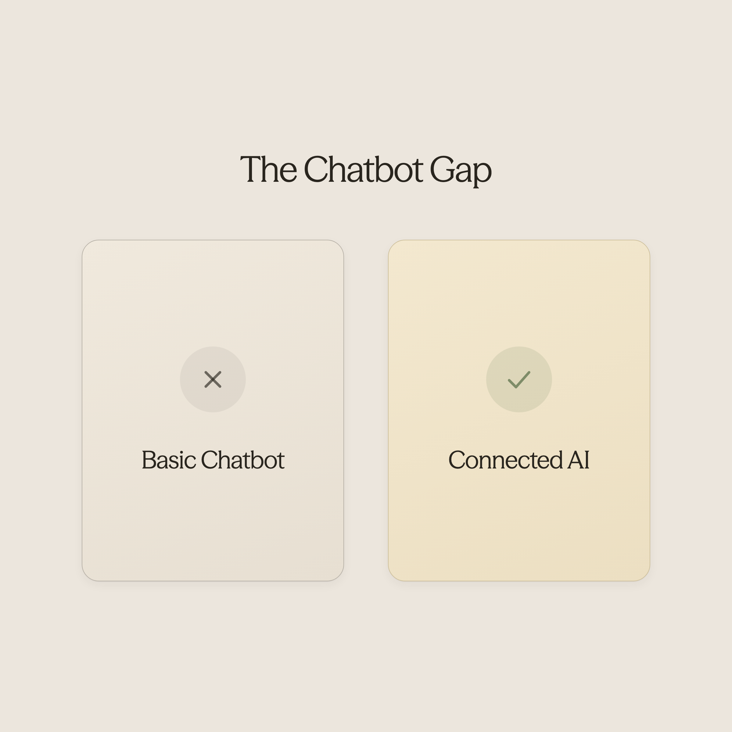 Split scene illustration contrasting basic chatbot limitations with advanced system integration