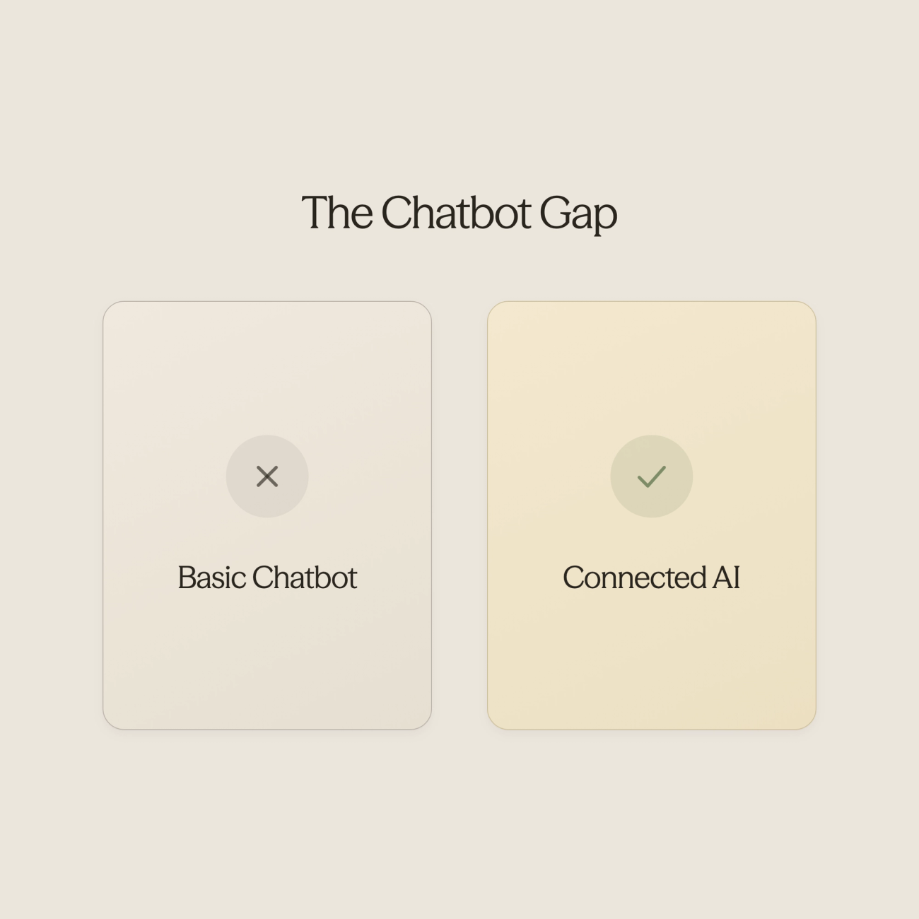 Split scene illustration contrasting basic chatbot limitations with advanced system integration