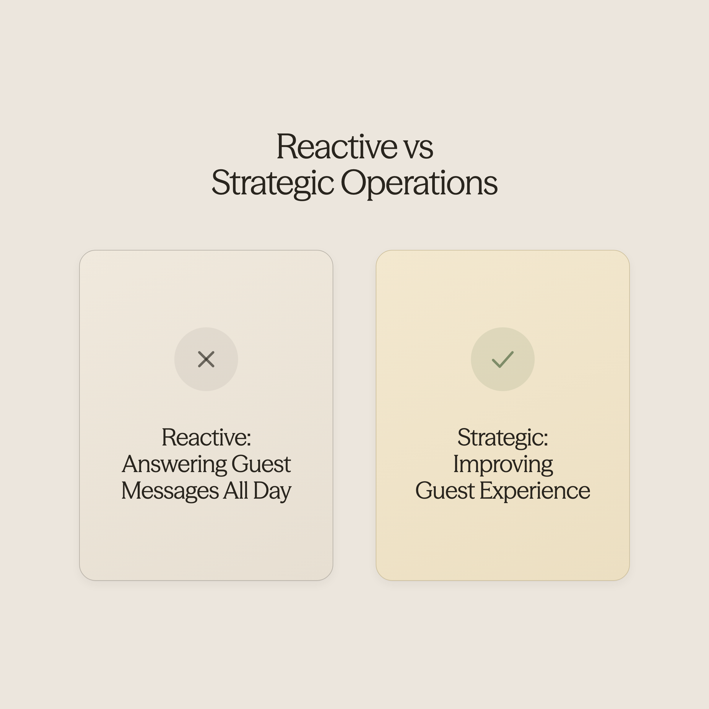 Split scene showing reactive support work versus strategic operations work - AI for Vacation Rentals