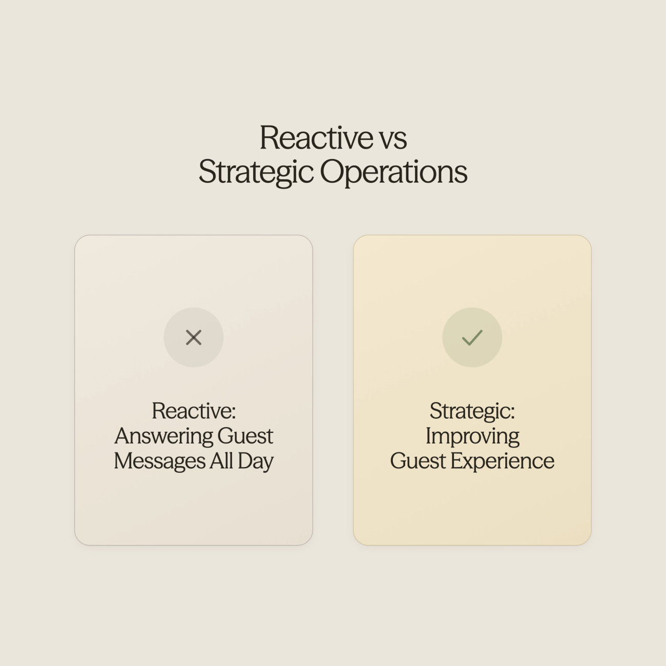 Split scene showing reactive support work versus strategic operations work - AI for Vacation Rentals