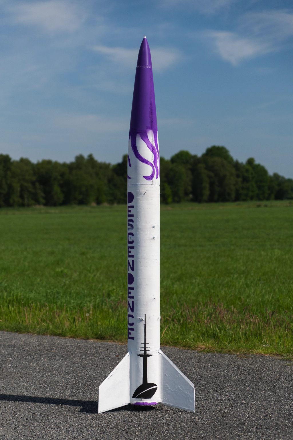 Descendence rocket painted in white standing upright in front of a field of grass