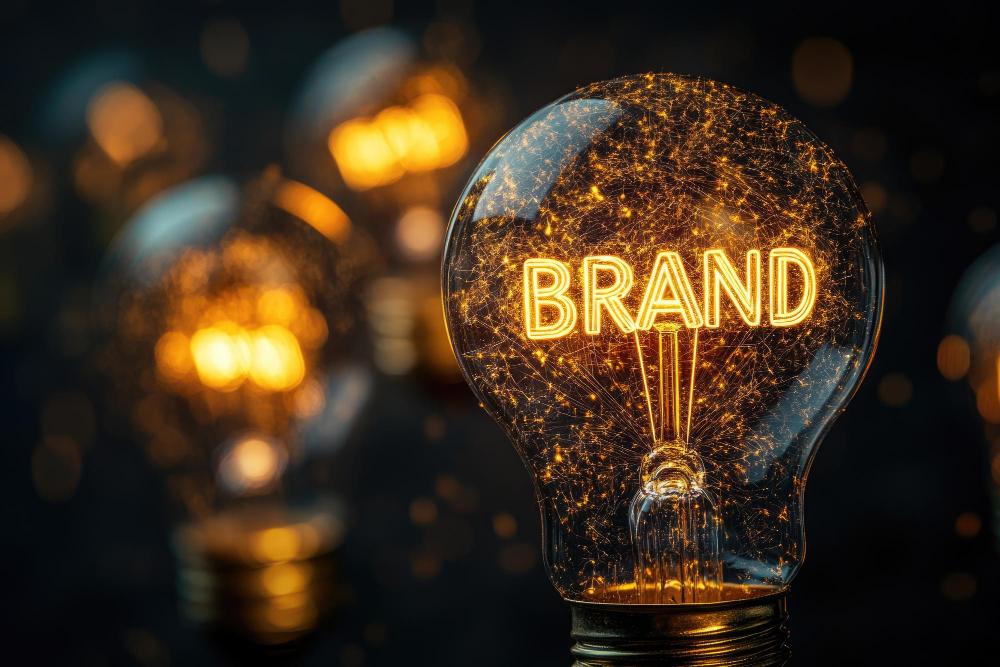 A lightbulb with the word brand inside