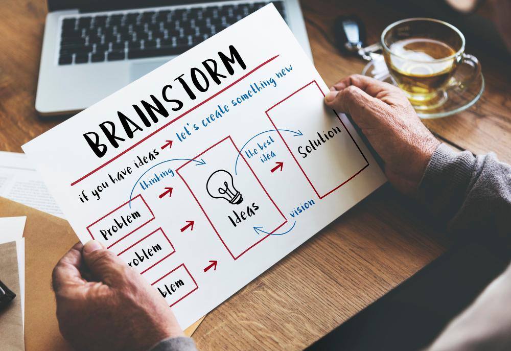 brainstorming paper showing problem to ideas to solution