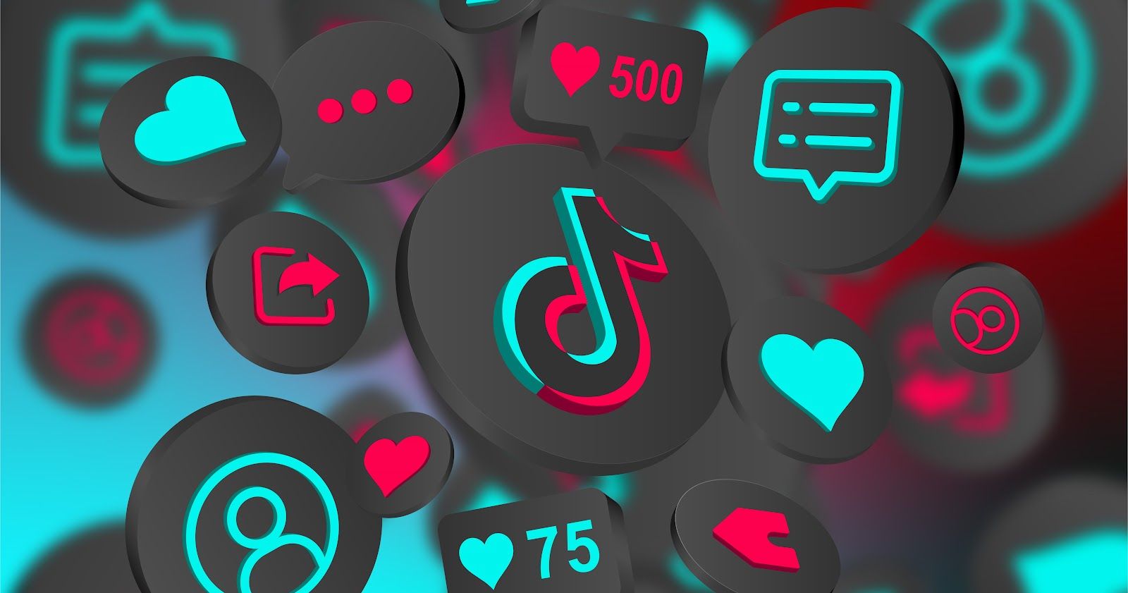 TikTok logo with icons for likes, comments, and shares