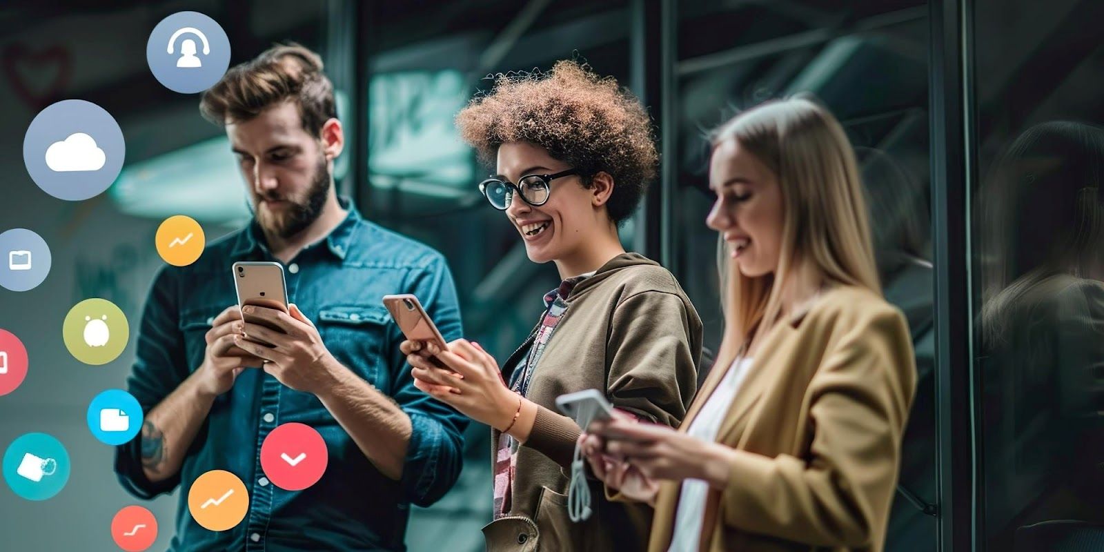 Group using smartphones with floating icons, representing active digital connectivity.