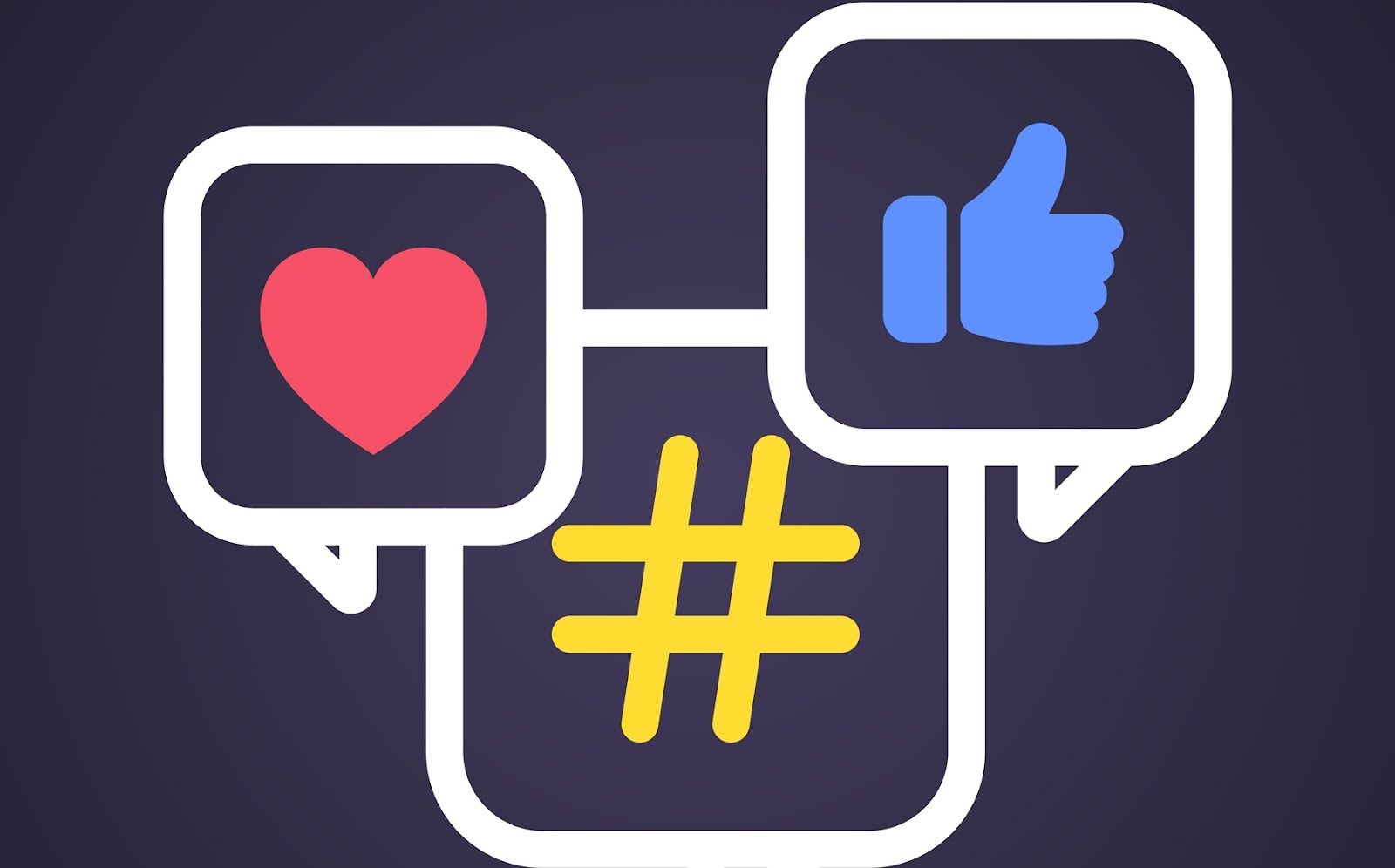 Icons of a heart, thumbs-up, and hashtag, symbolizing social media engagement.