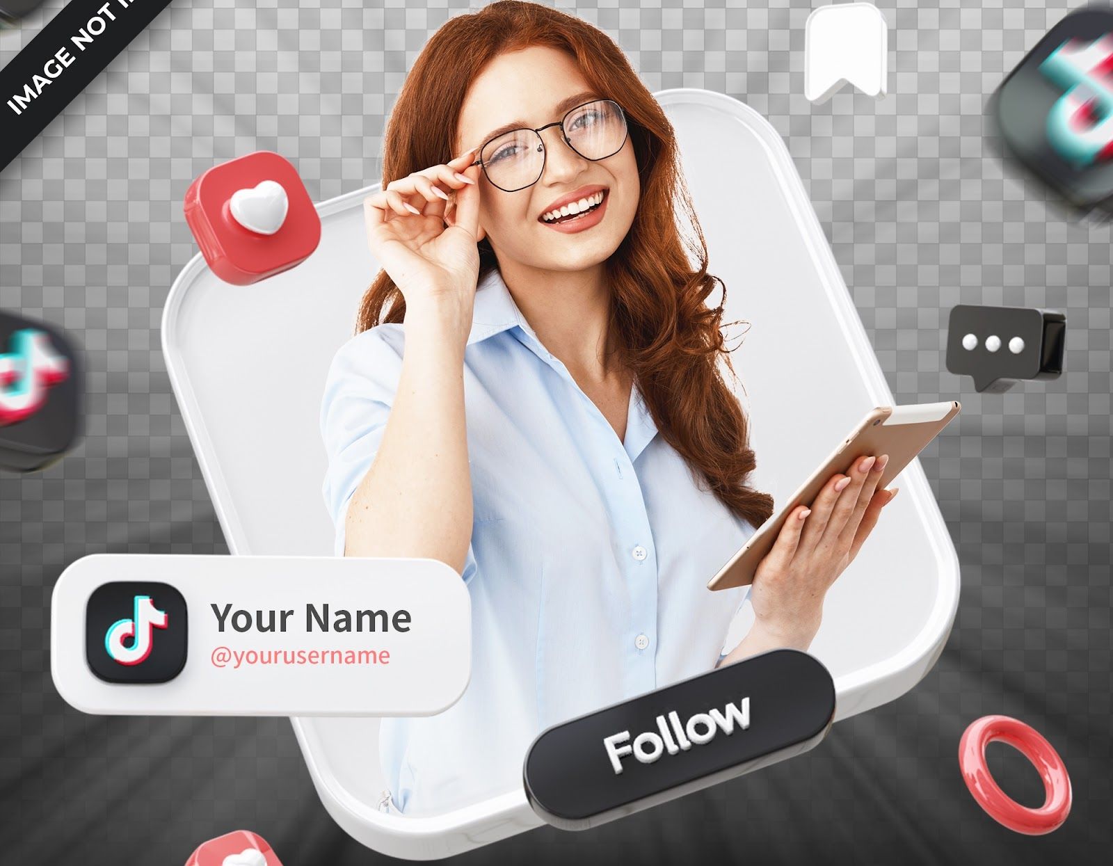 Woman with tablet beside TikTok for Business profile and "Follow" button