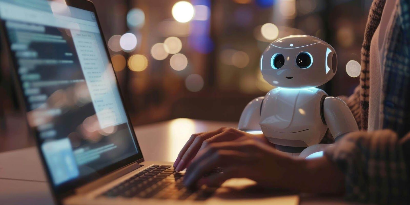 A robot watching a person's laptop screen while the person is typing