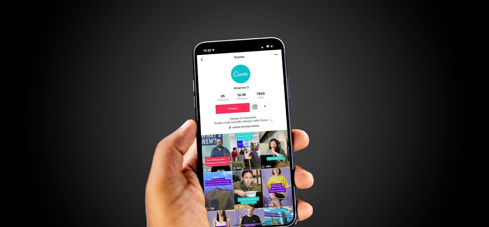 Hand holding phone showing a TikTok business account for Canva