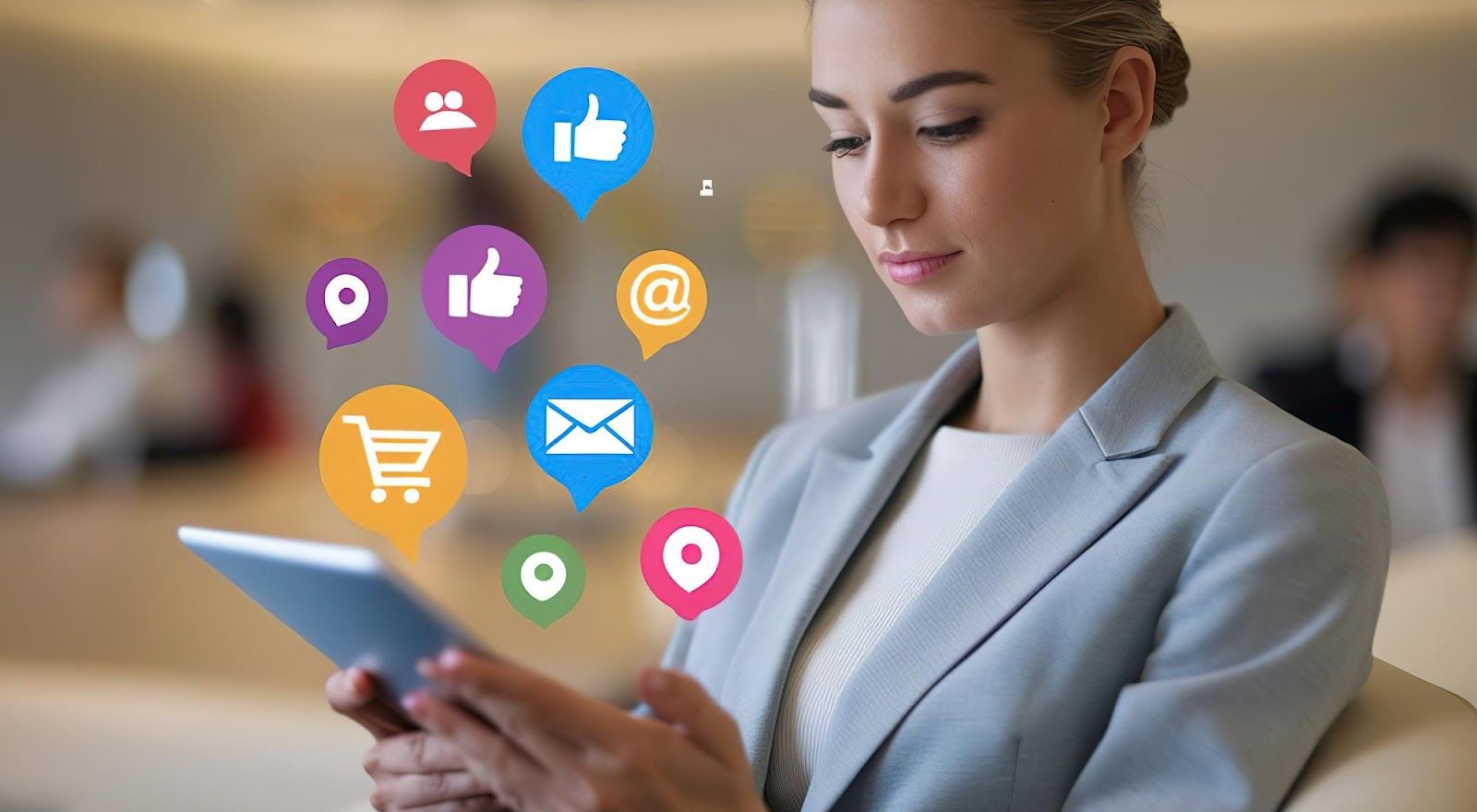 Businesswoman on a tablet with social media icons, showcasing social media growth.