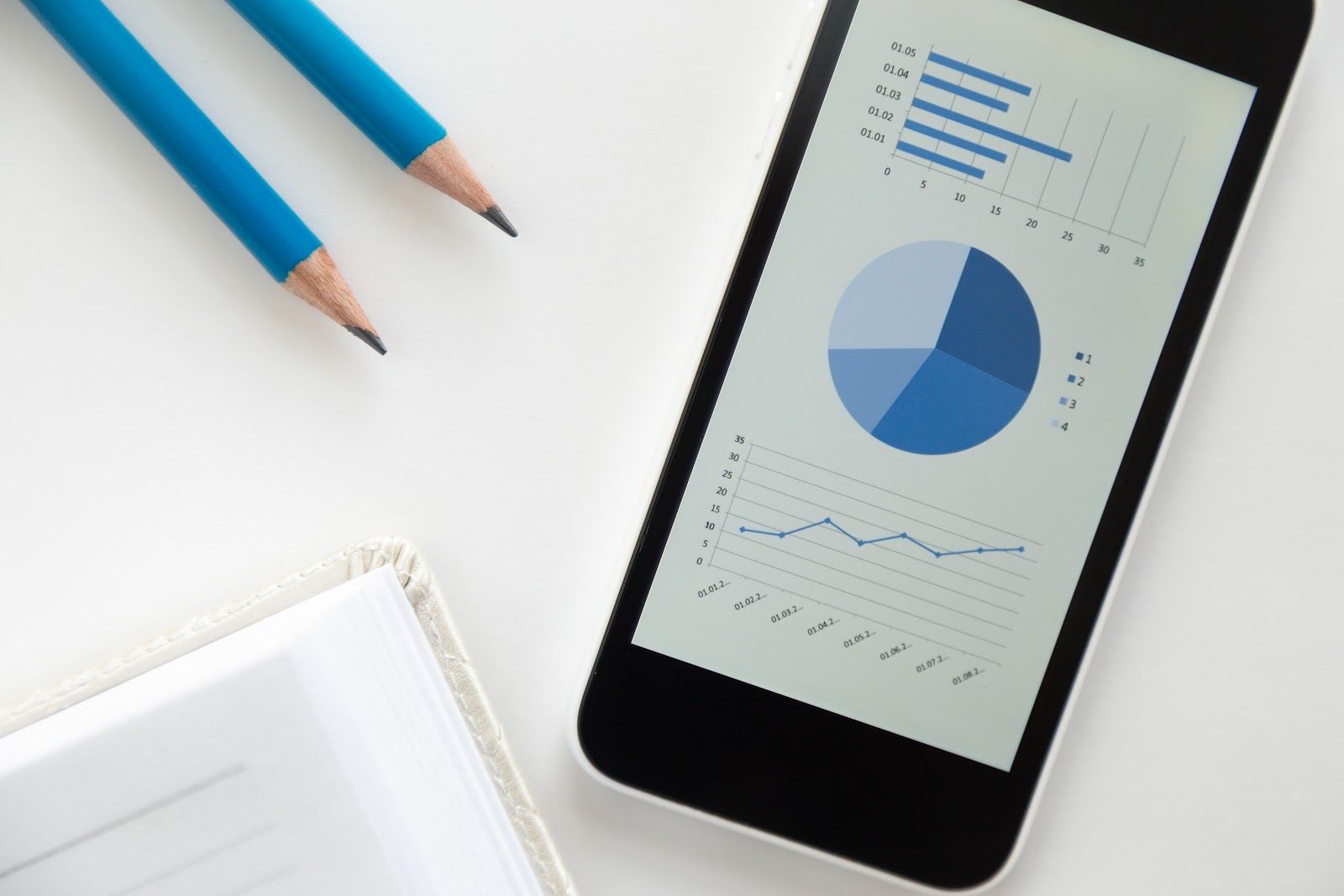 A phone on a desk shows data charts beside two pencils, representing website content strategy.