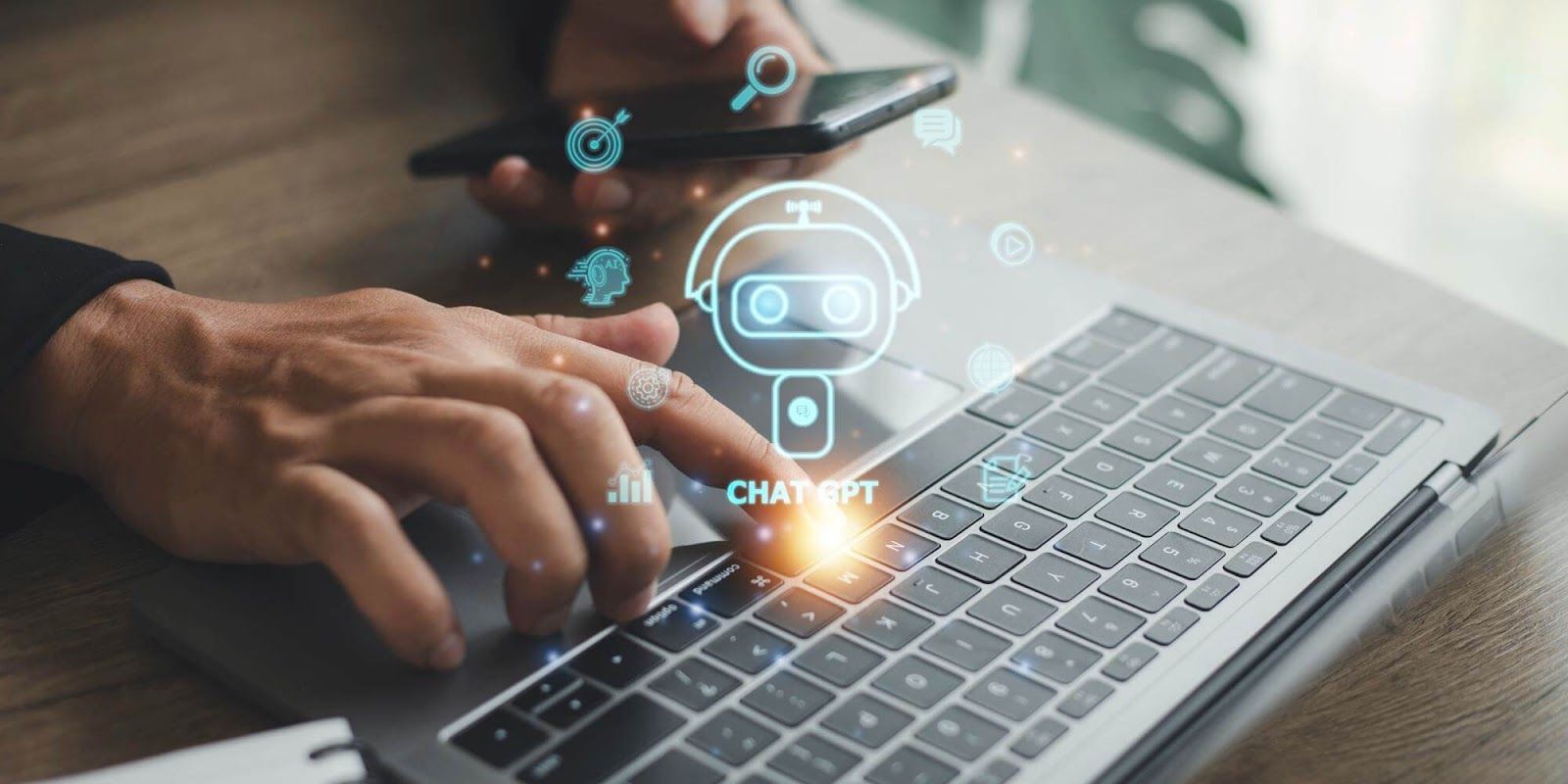 ChatGPT robot hologram in front of laptop 