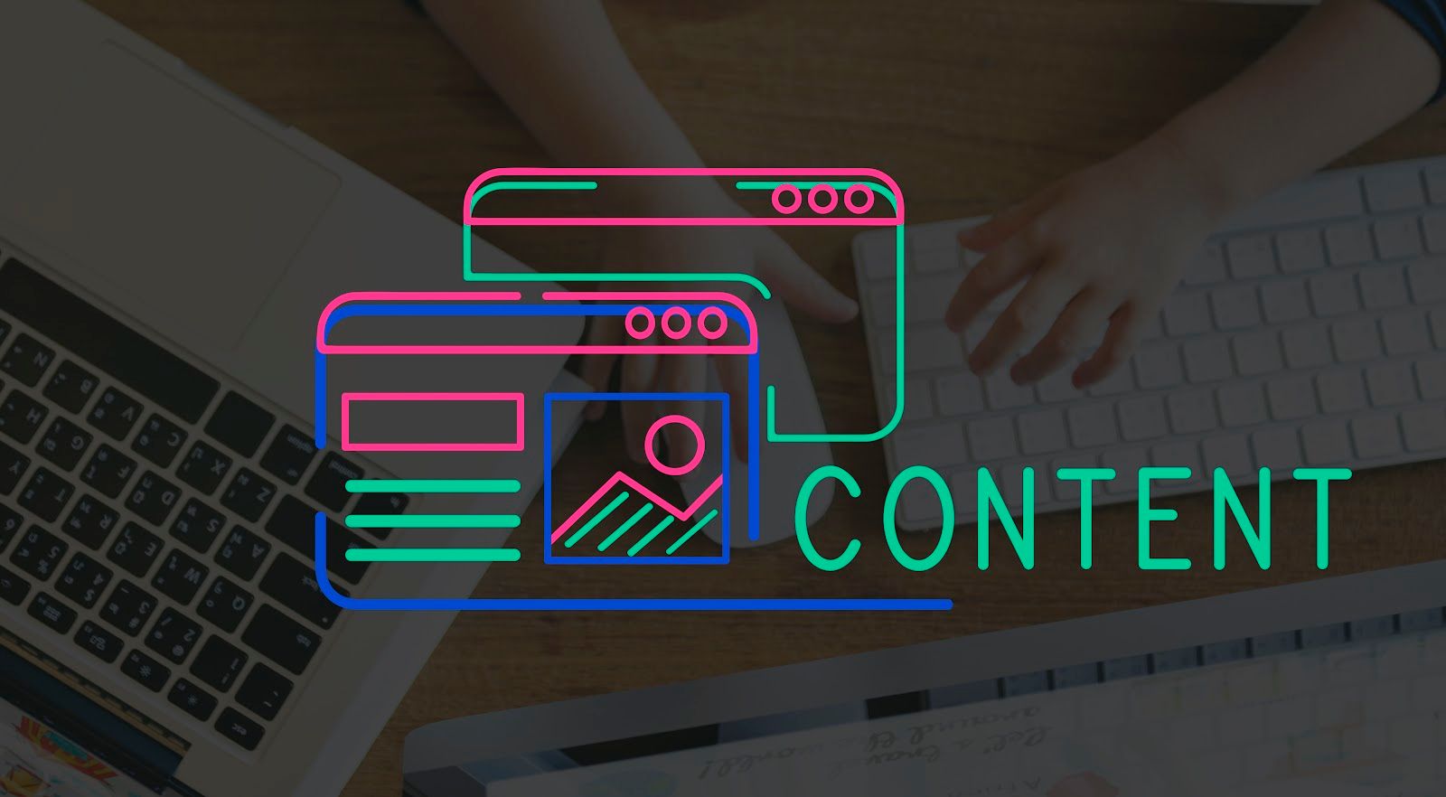 A colorful website layout is displayed over a laptop keyboard.