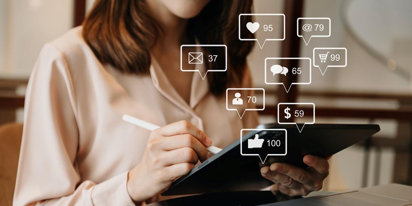 oman tracking social media engagement on a tablet, featuring social media tips for rapid follower growth.