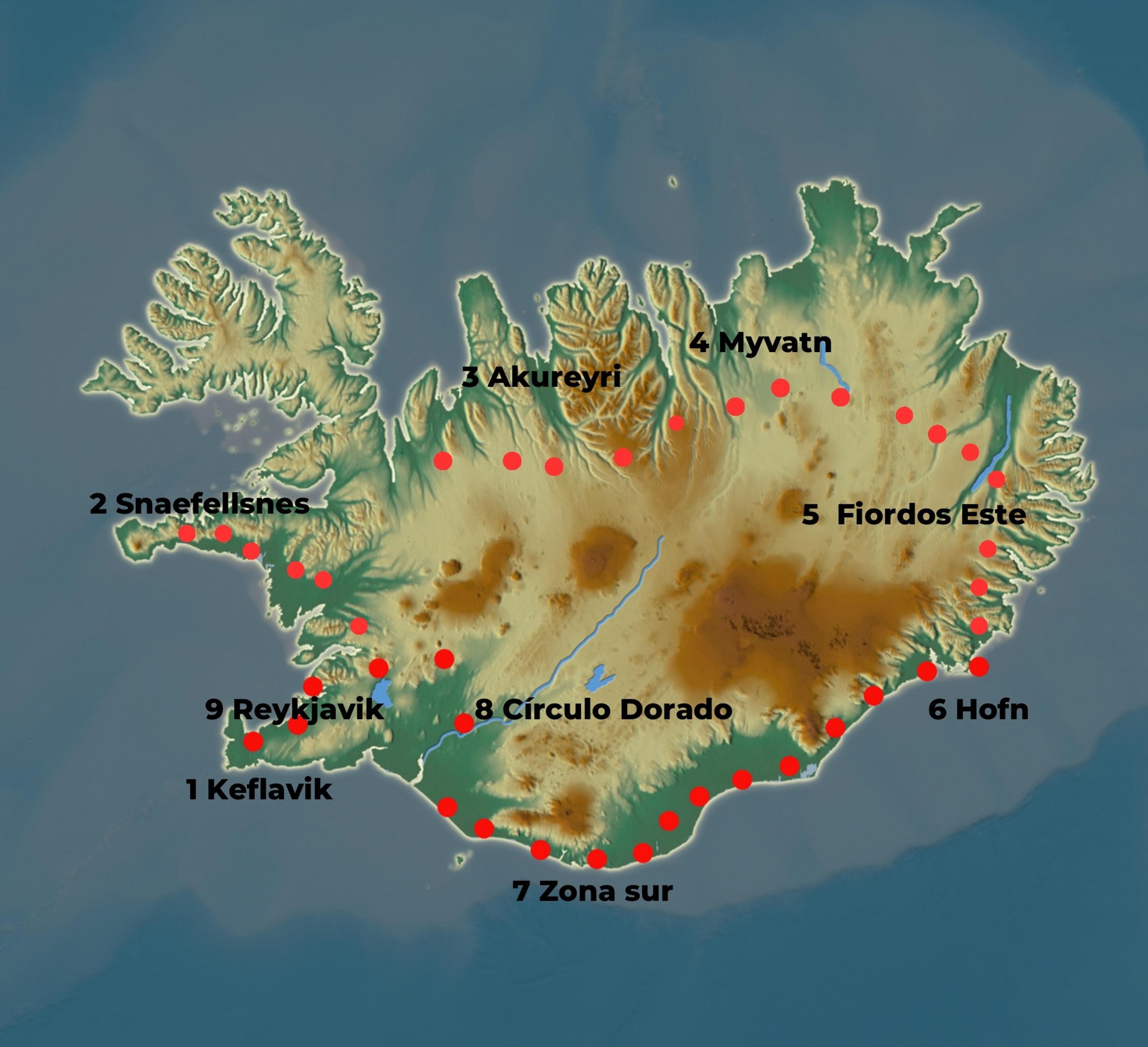 Mapa de Islandia con el recorrido circular del viaje y las nueve paradas numeradas, de Keflavík a Reikiavik