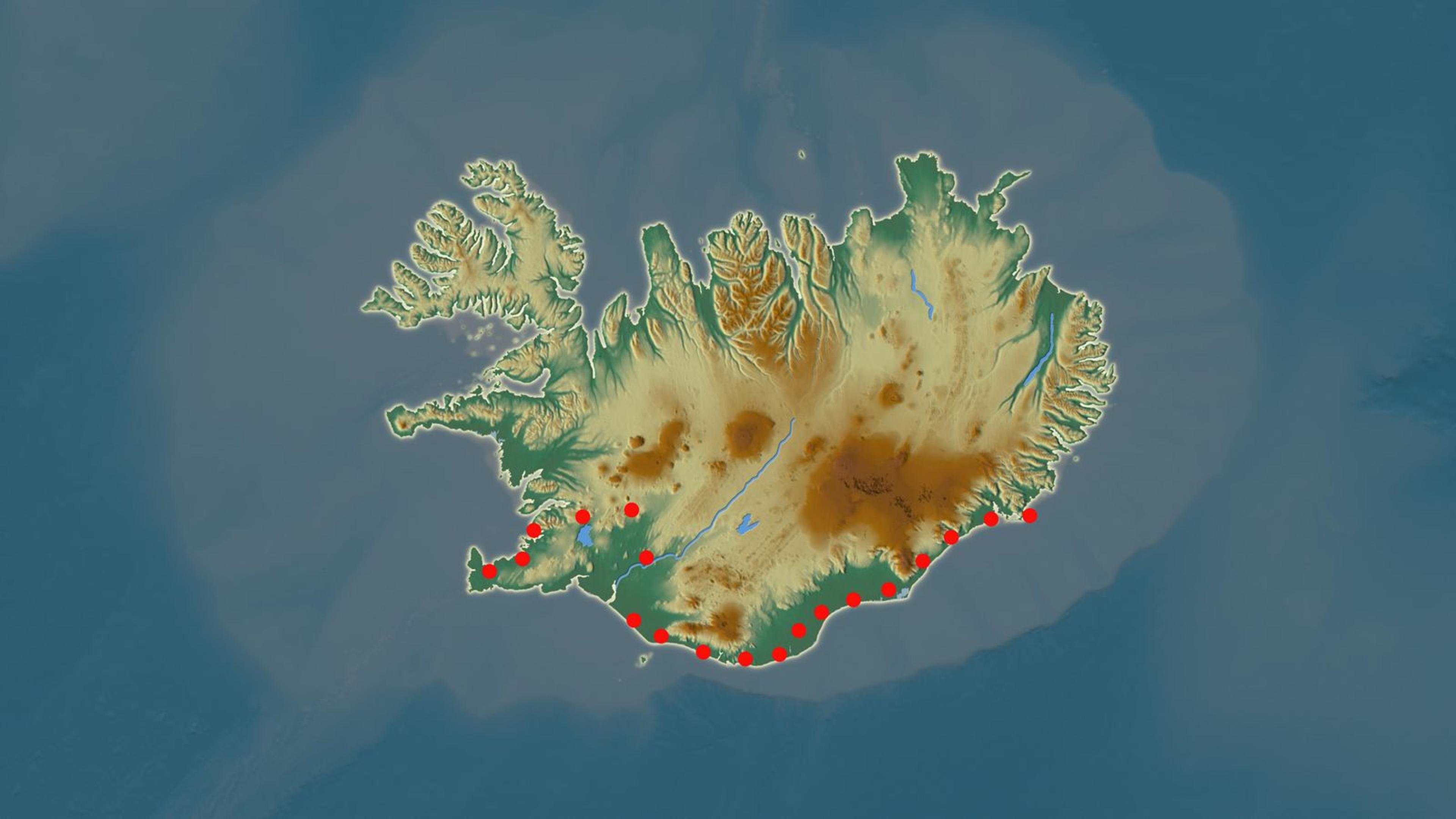 Mapa de Islandia con la ruta del viaje y las paradas numeradas de Keflavík a Reikiavik