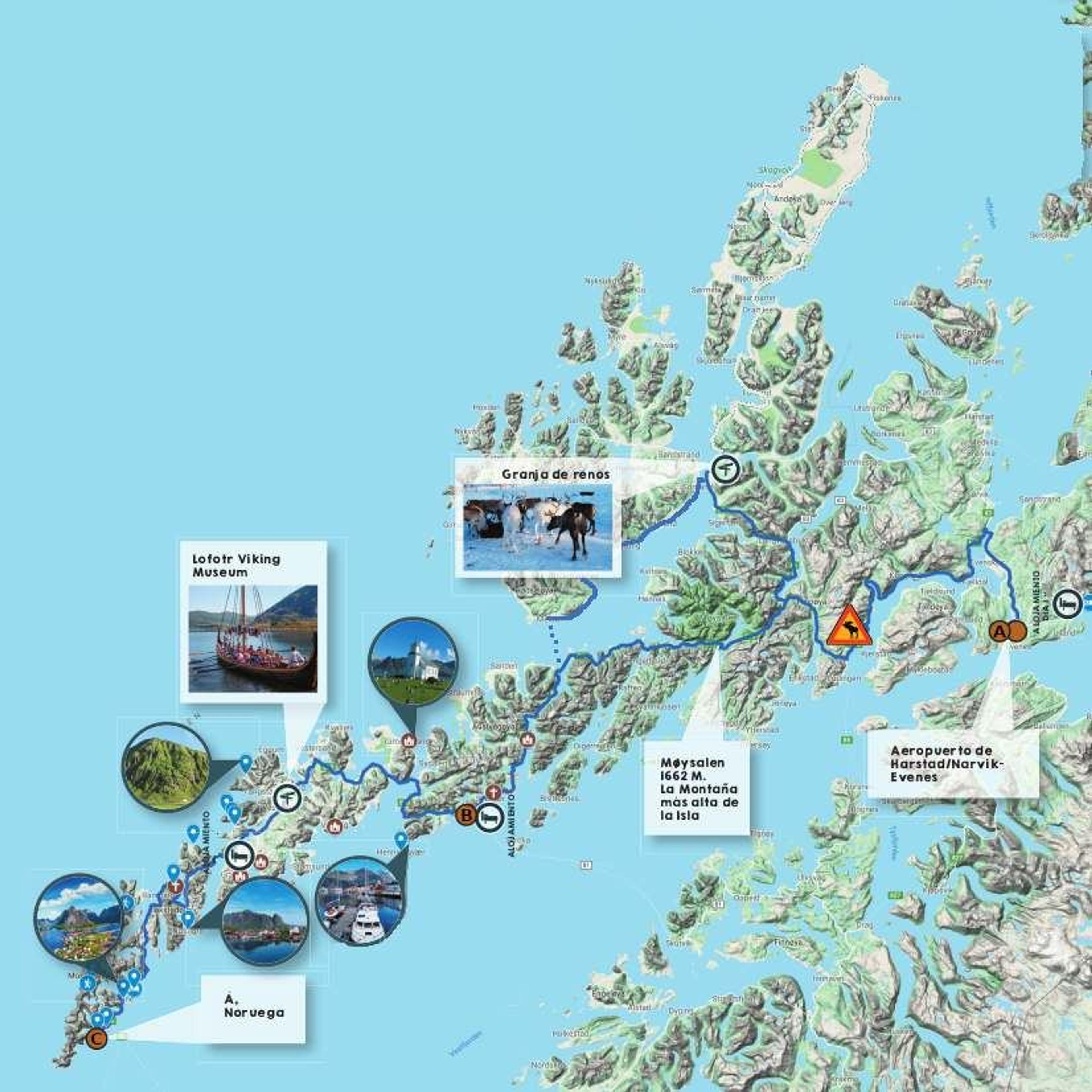 Mapa de la ruta del viaje por las Islas Lofoten y Vesterålen con los puntos de interés marcados