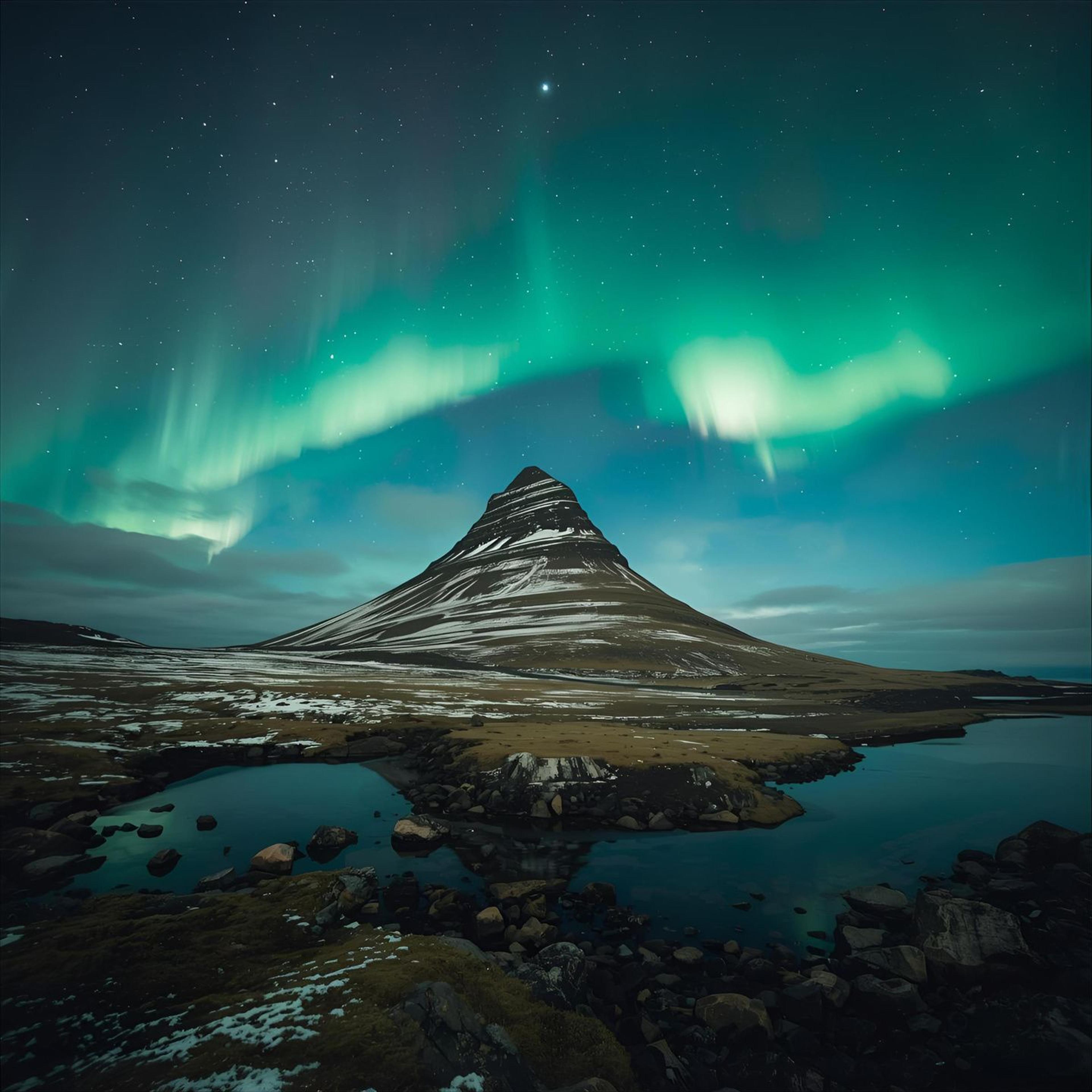 Aurora boreal verde sobre la montaña Kirkjufell reflejada en el agua, Islandia