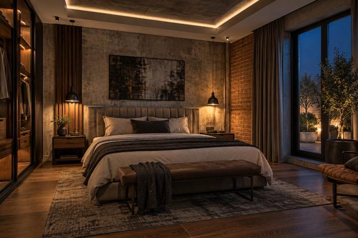 Loft üslubunda yataq otağı (villa, axşam, lampalar yanır) — Premium təmir paketi, dizayn vizuallaşdırması