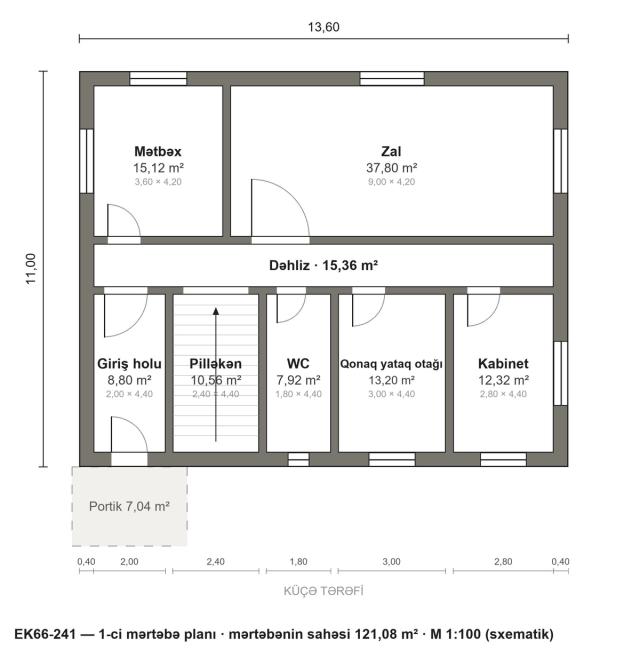 EK66-241 layihəsinin 1-ci mərtəbə planı — 121,08 m²