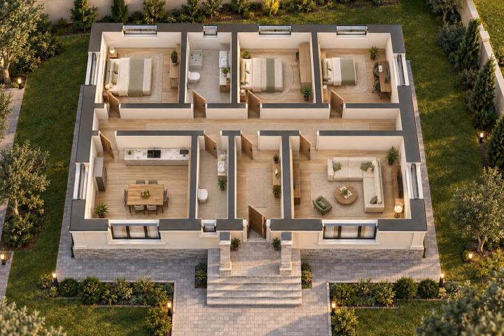 BK09-114 layihəsinin 3D kəsik planı — mebelli otaqlar, vizuallaşdırma