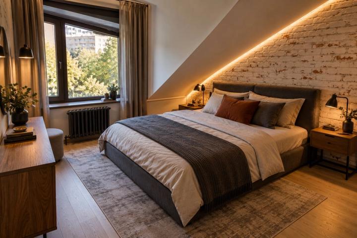 Loft üslubunda yataq otağı (köhnə planlı mənzil, axşamüstü işıq) — Standart təmir paketi, dizayn vizuallaşdırması