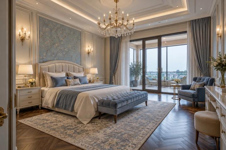 Neoklassik üslubunda yataq otağı (villa, qış gündüzü) — Premium təmir paketi, dizayn vizuallaşdırması