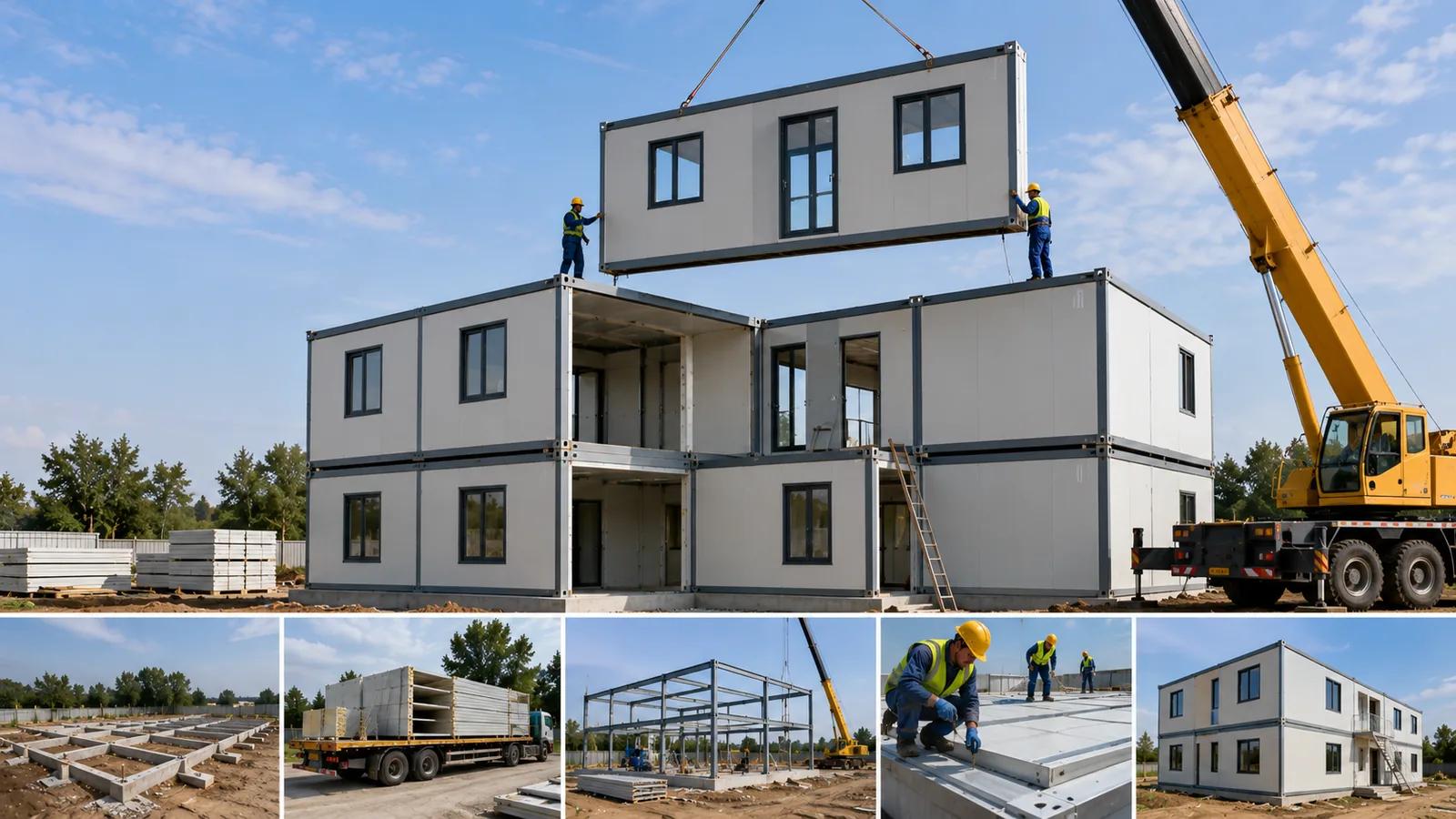 A prefabricated module being lifted to the second floor by crane; below, the installation stages — foundation, transport of the modules, steel frame, panel assembly and the finished two-storey prefabricated building