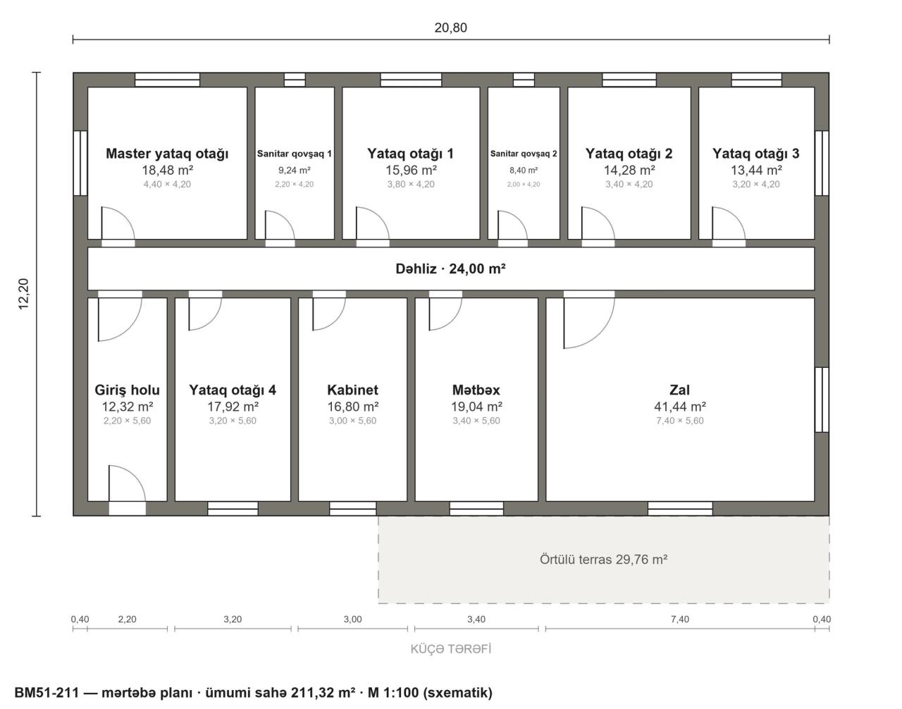 BM51-211 layihəsinin mərtəbə planı — 211 m², 5 yataq otağı